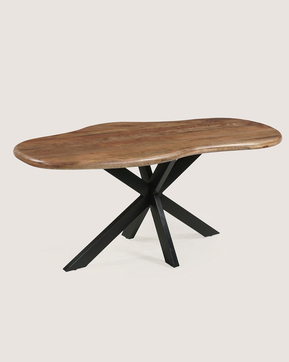 Organische Eettafel 180 cm Mangohout – Bruin – Zwart Metalen Matrix Onderstel – Modern Design – 4-5 Personen
