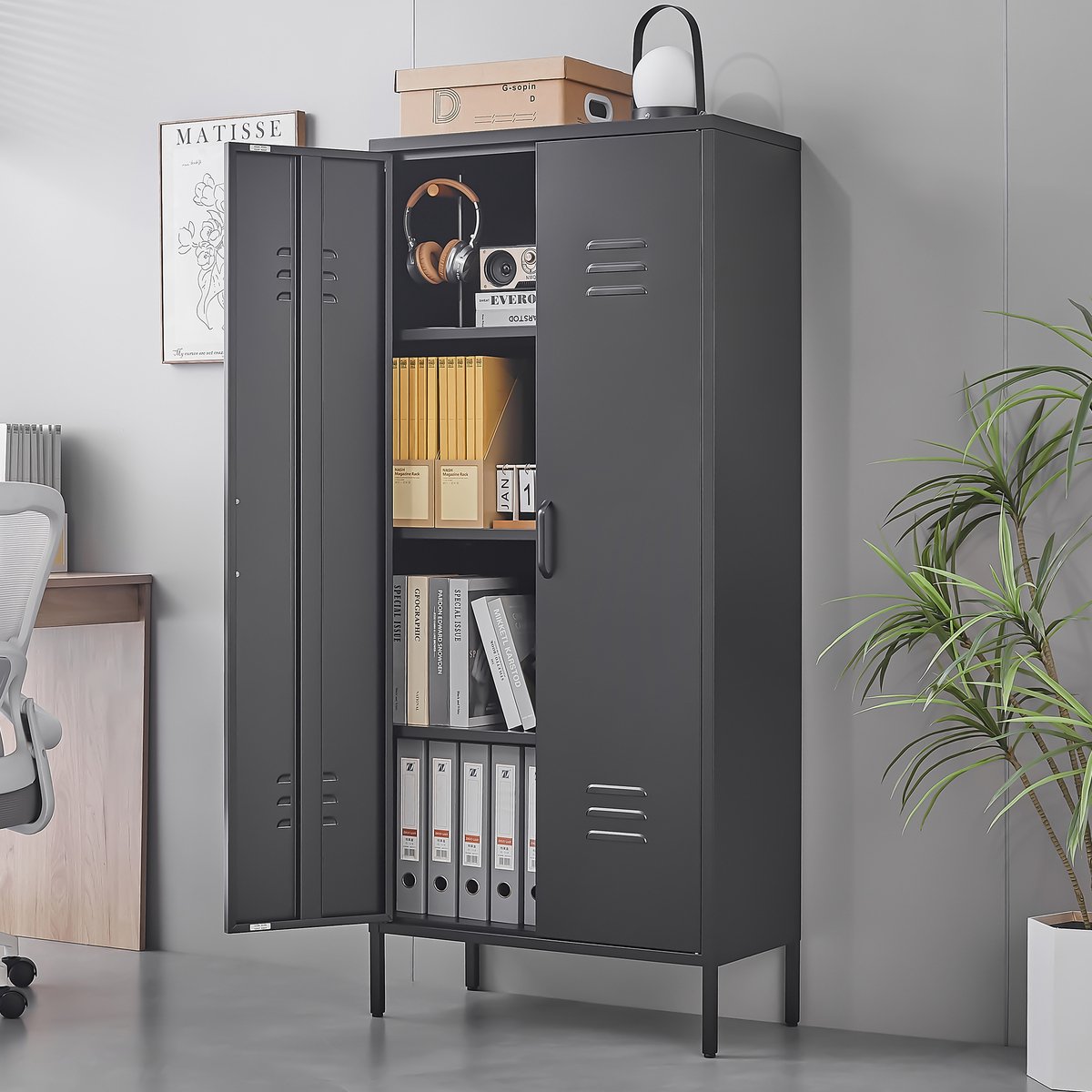 Metalen Opbergkast - zwart - 2 deuren met magneetsluiting - 3 verstelbare planken (120 lbs) - ventilatiegaten