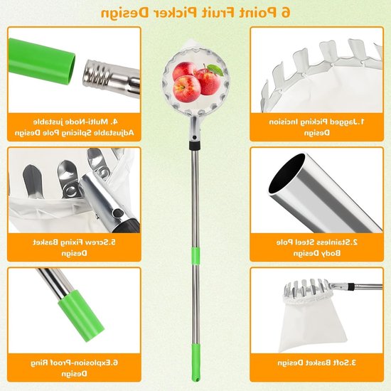 Telescopische fruitplukker met roestvrijstalen steel en katoenen tas, ideaal voor appels, kersen en pruimen, diameter 16 cm — afbeelding 3