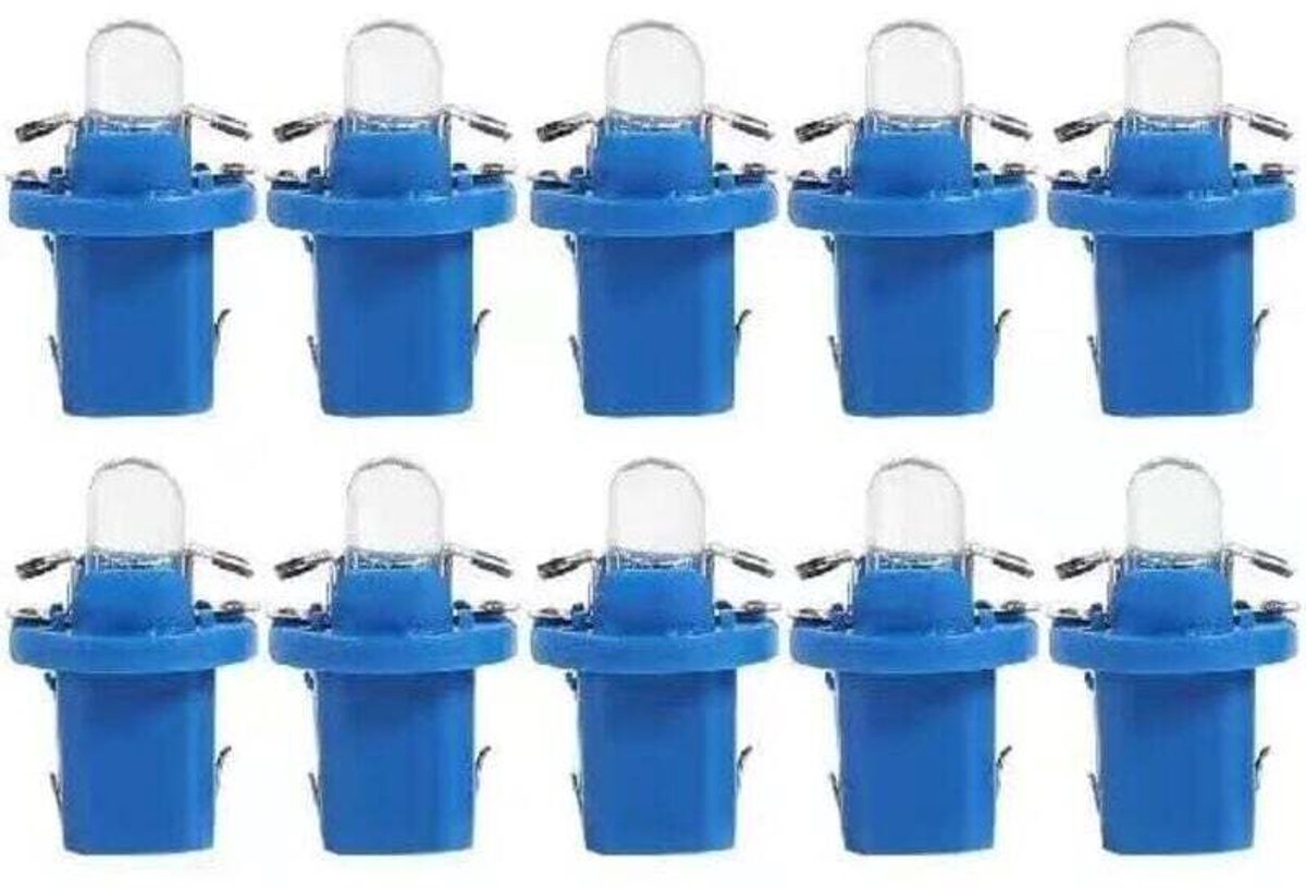 Verpakking van 10 T5 LED-lampjes met fittingen, 12V BAX10d B8.5D dashboardlampjes, geschikt voor auto's en motoren - Blauw