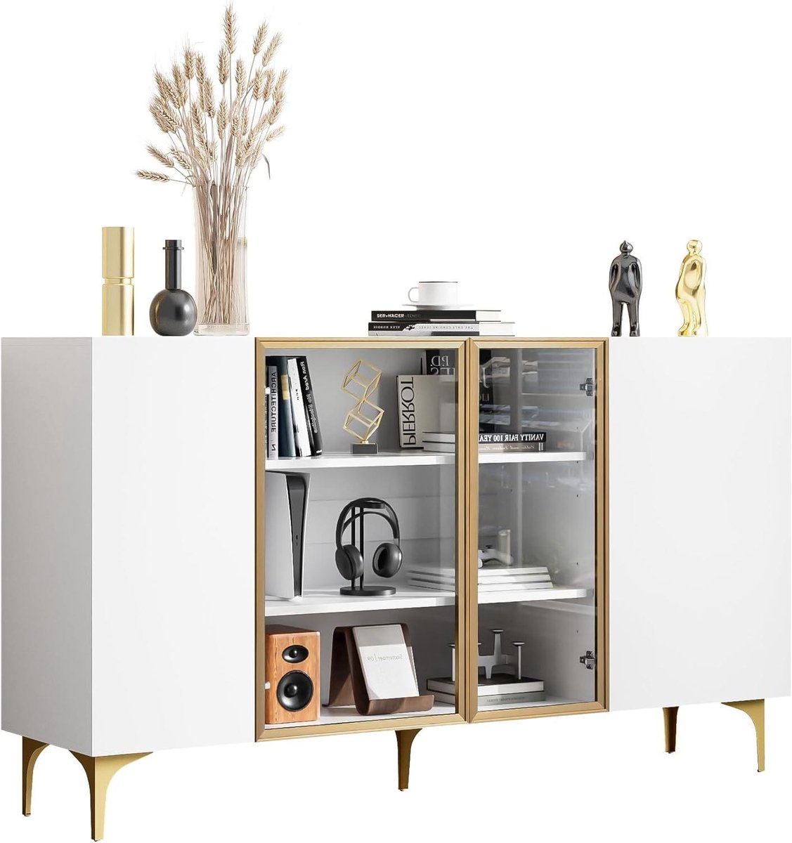 Dressoir met 4 Deuren - Opbergkast Buffetkast - Woonkamer Organisatie - Asymmetrisch Design Glasdeuren - 150x38x85cm - Wit