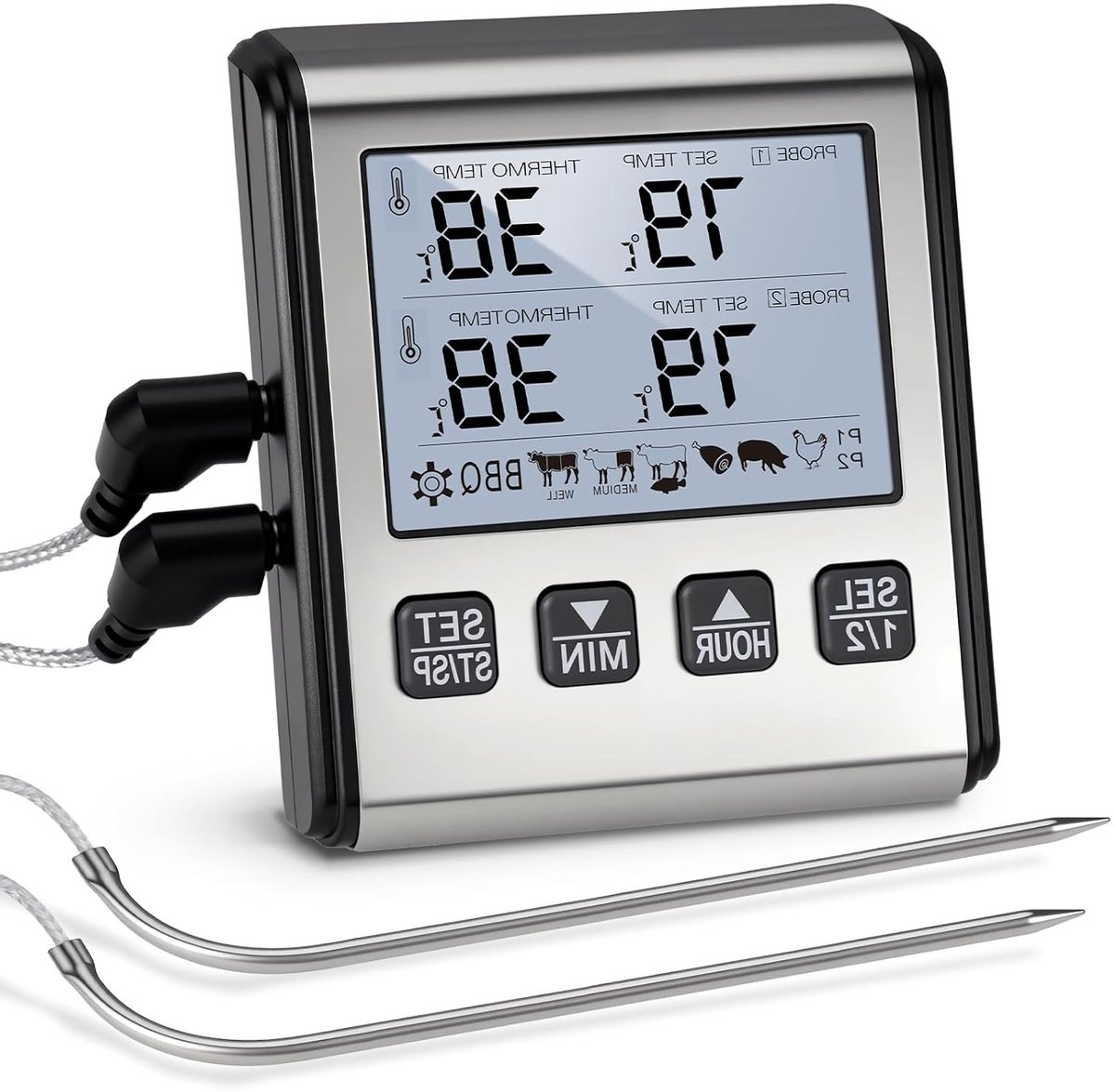 Digitale Vlees Thermometer met Dubbele Probe, RVS, LCD Scherm en Alarm, Temperatuur tot 300°C, Ideaal voor Grillen en Koken in de Keuken van de Motorhome