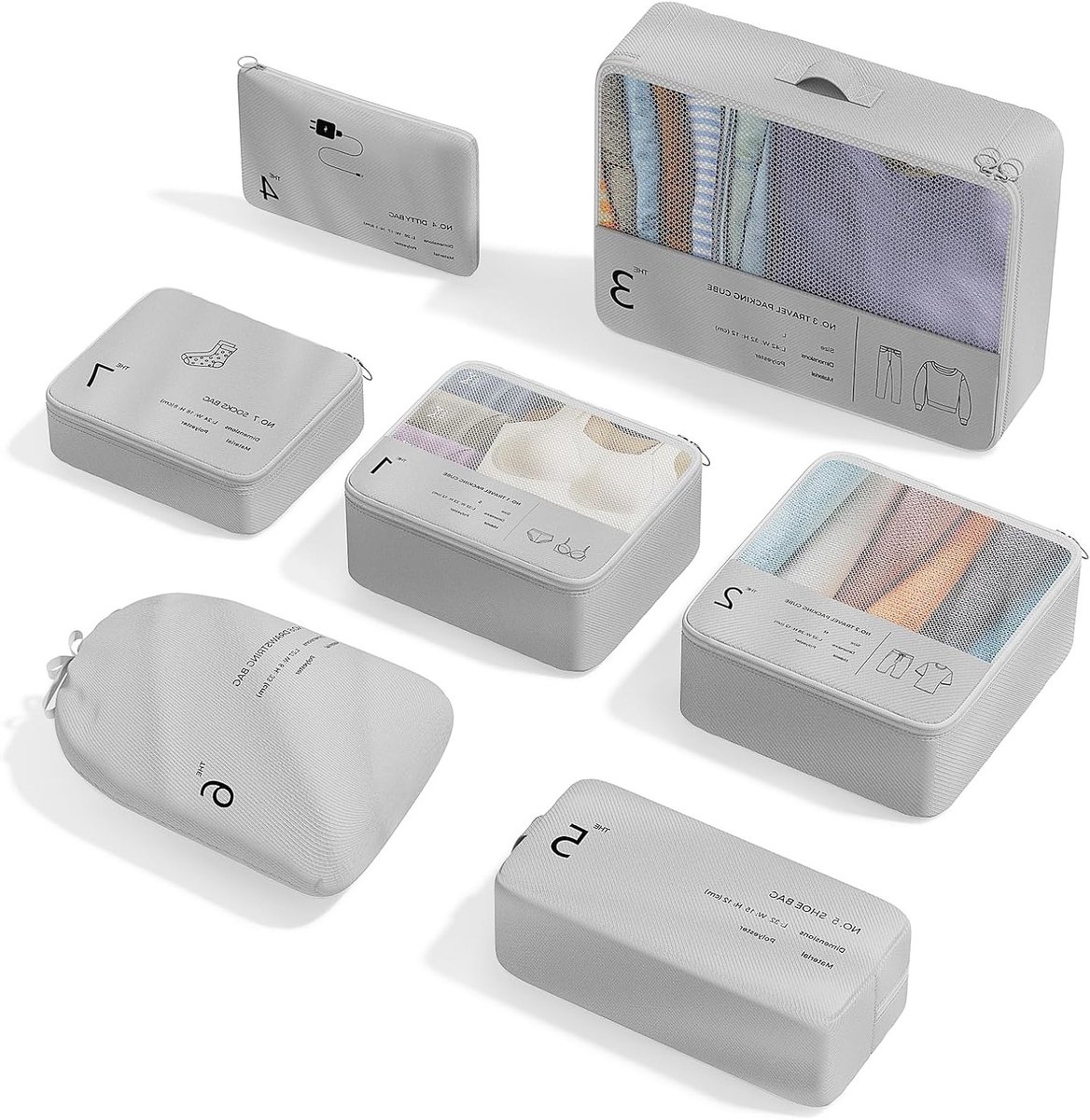 Organizerset voor Koffers, 7-delige Inpakzakken, Reisaccessoires voor Kleding, Ademend Mesh, Duurzaam en Ruimtebesparend, 20 cm x 10 cm x 4 cm