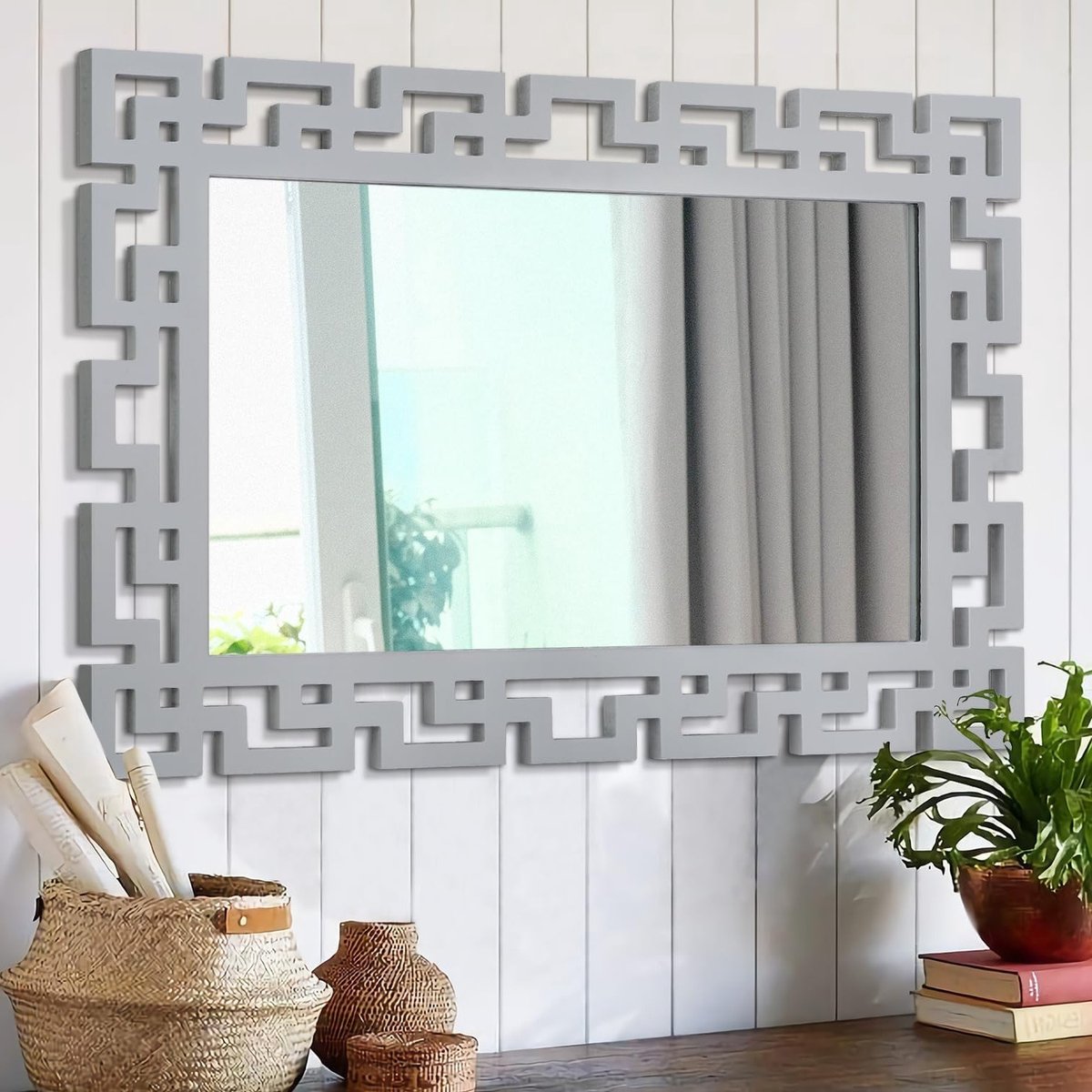 Decoratieve Spiegel voor aan de Wand, 65 x 45 cm, Grote Rustieke Spiegel met Houten Frame, Perfect voor Slaapkamer, Woonkamer en Badkamer Decoratie