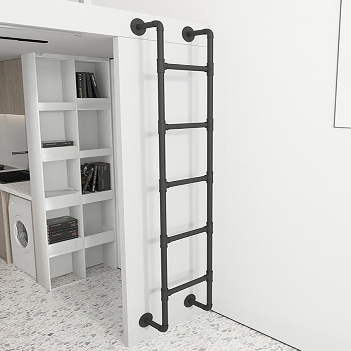 Verstelbare wandladder - Stapelbedladder - Zolder toegang - Robuust ijzeren ontwerp - 76-234 cm - Zwart
