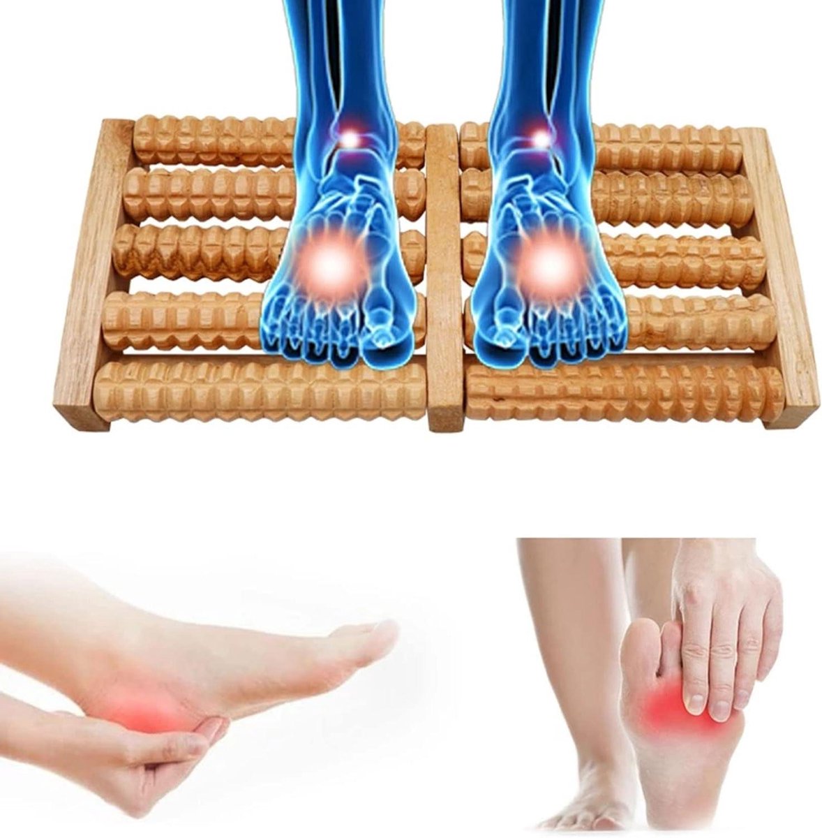 Houten Voetroller - Massage Roller - Voet Ontspanning - Vijf Rijen - 27 cm Lengte - Geel