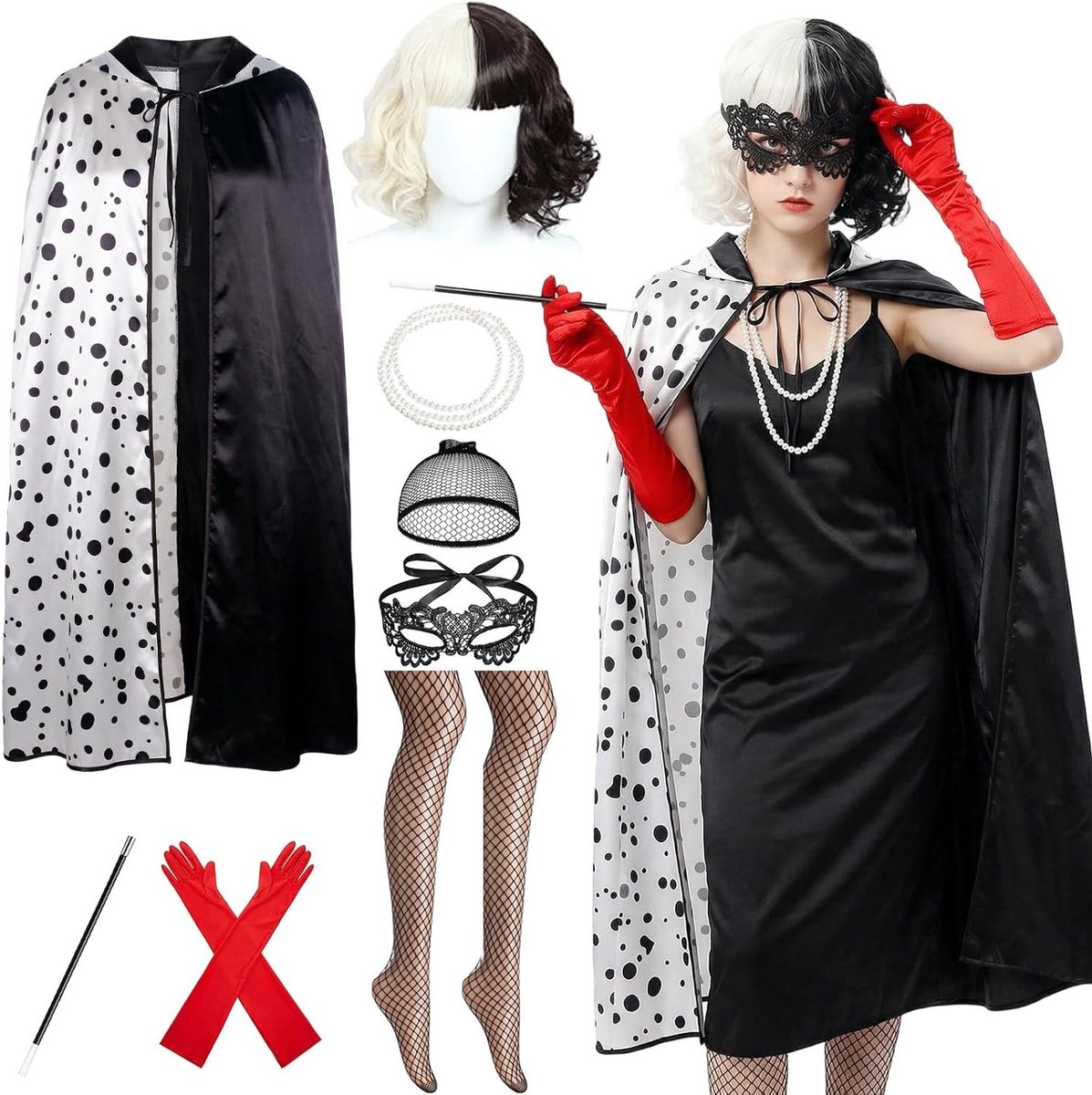 Dames Duivels Kostuum Set met Cape, Peruc, Handschoenen, Masker en Ketting voor Carnaval, Halloween en Cosplay