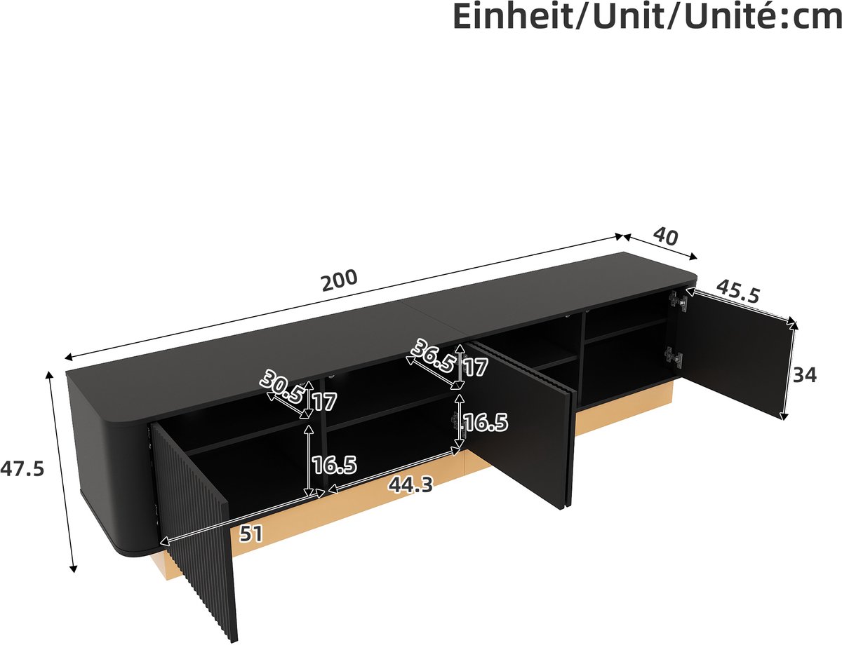 VVBV TV Meubel 200 cm – TV Kast met Opbergruimte – MDF – Zwart – Voor Woonkamer – Modern Design – Minimalistisch Design – met Verstelbare Planken Black