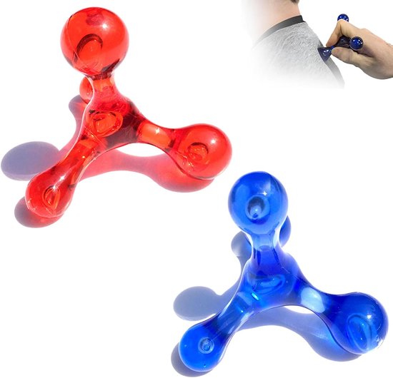 Rood en blauw massageapparaat met vier ballen op witte achtergrond.