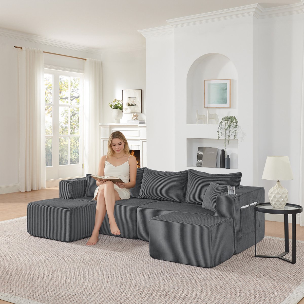 Wishdor - Modulaire 3-Zits Hoekbank - Verplaatsbare Ottomans En Bekerhouders - Modern Ontwerp Voor Woonkamer - Zachte Ribstof En Schuim - Grijs