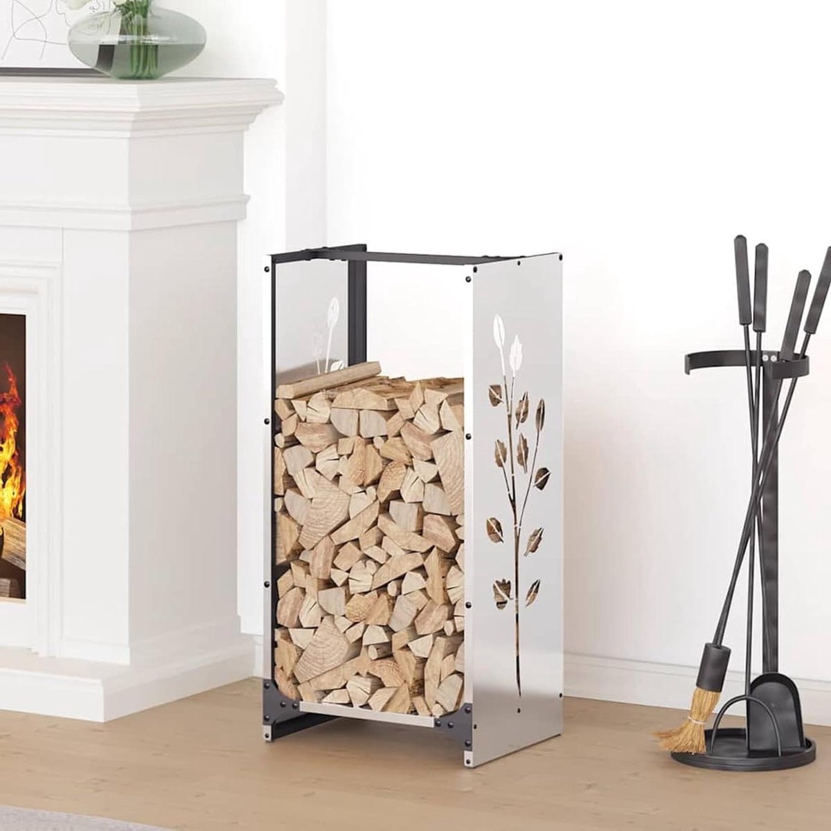 Gecheer Brandhoutrek 40 x 30 x 80 cm, roestvrij staal, haardhoutrek voor binnen en buiten, kampvuur, camping, reizen, 864223