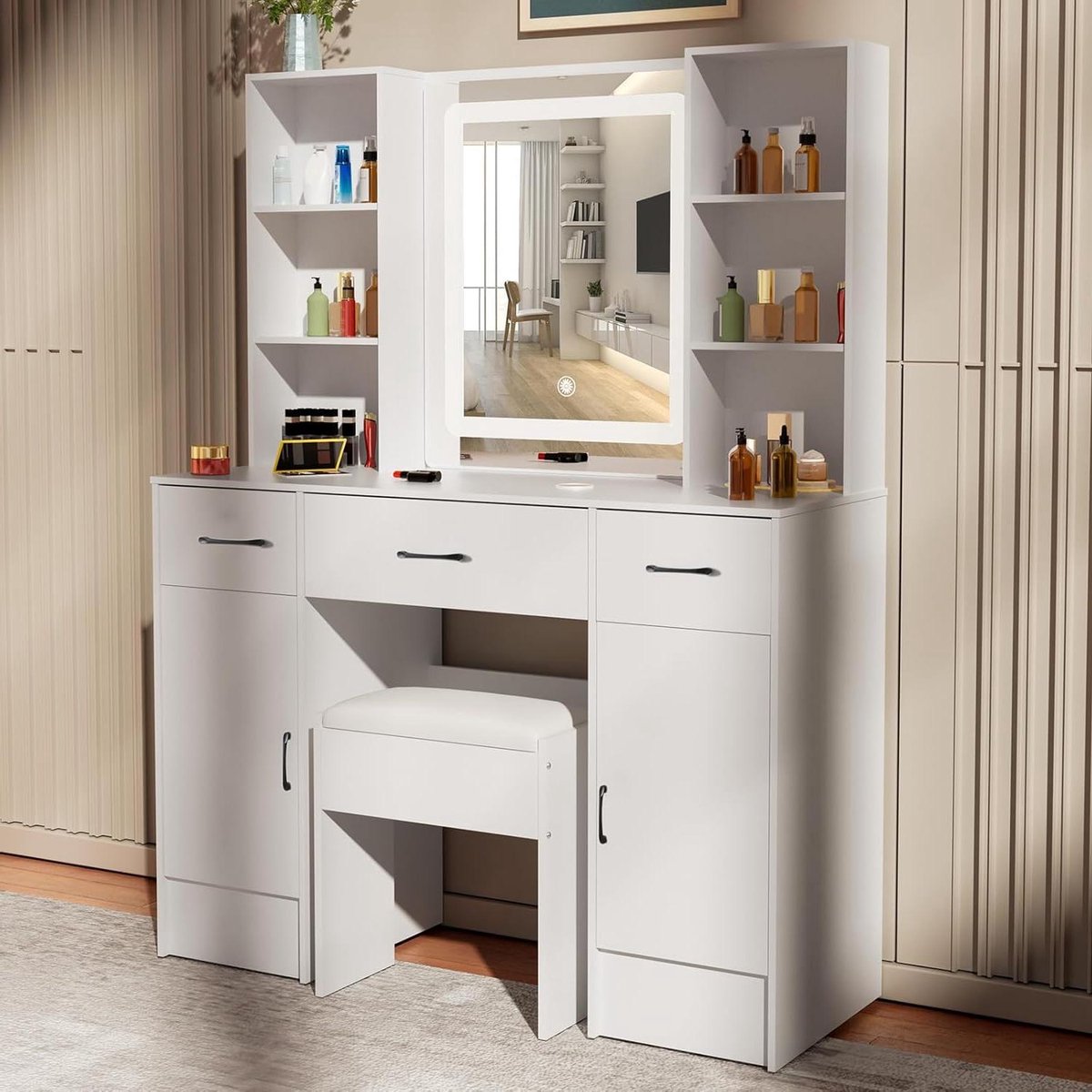 Make-uptafel met spiegel - Kaptafel kapset - Make-up aanbrengen - Dimbare verlichting 3 modi
