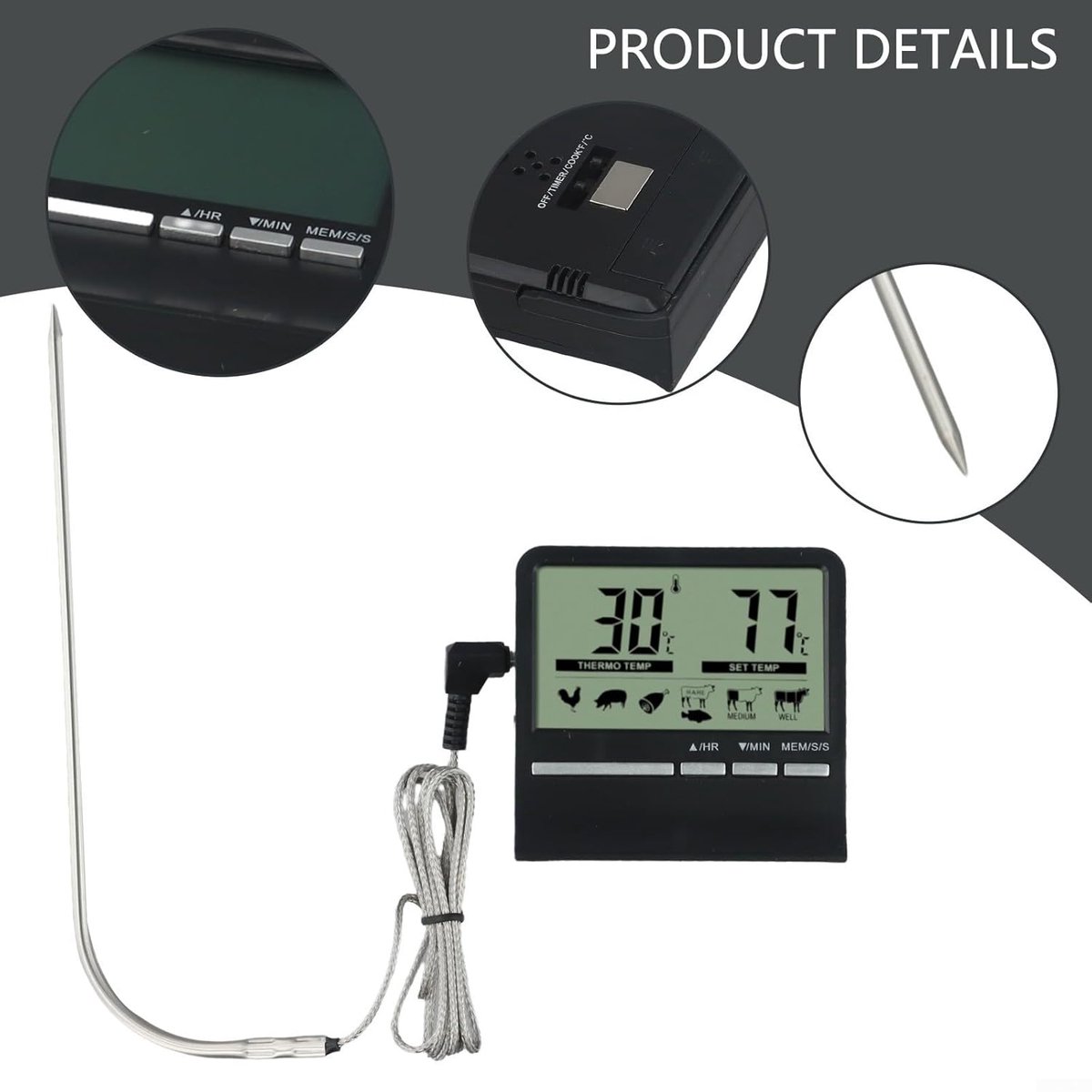 Oneay Digitale kookthermometer voor vlees en voedsel, 304 roestvrijstalen sonde, timer en Celsius/Fahrenheit-conversie, oven en barbecue. — cadeau in Kookcadeaus - foto 4