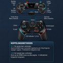Gedetailleerde schematische weergave van de voor- en achterkant van de zwarte draadloze controller met blauwe en rode accenten.