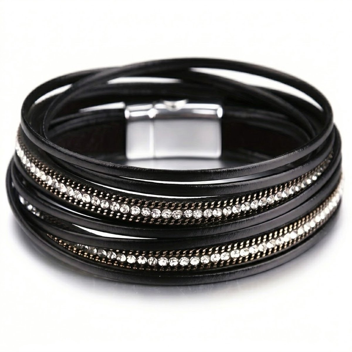 Zwarte Wikkel armband voor dames met Strass Steentjes – Elegant & Verstelbaar Design voor vrouwen