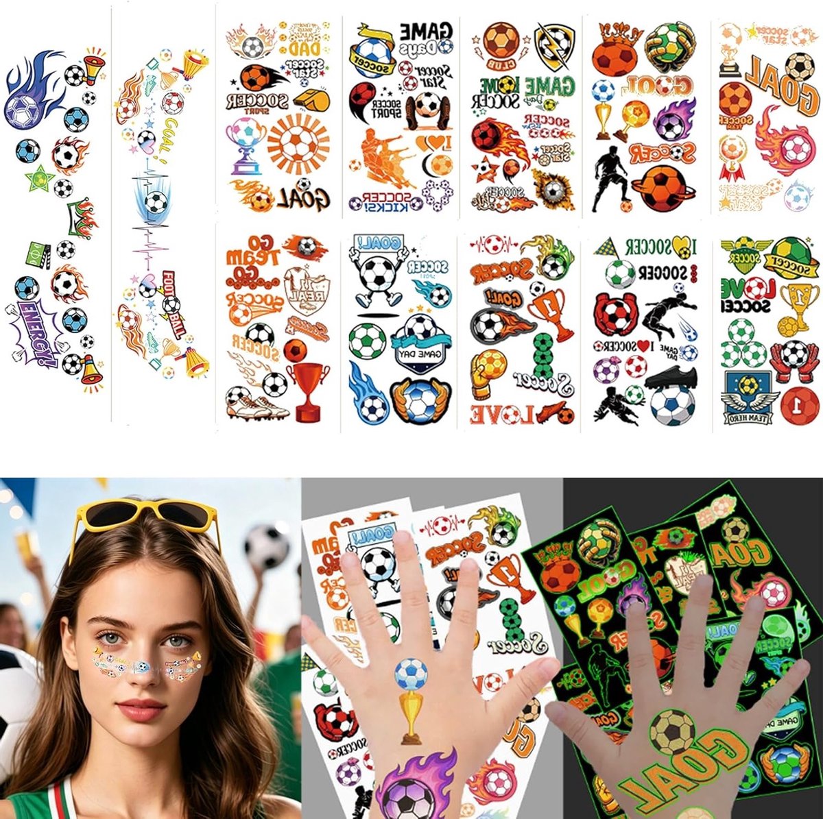 Set van 12 vellen tijdelijke voetbal tatoeages voor kinderen, fluorescerende designs voor verjaardagsfeesten en carnaval