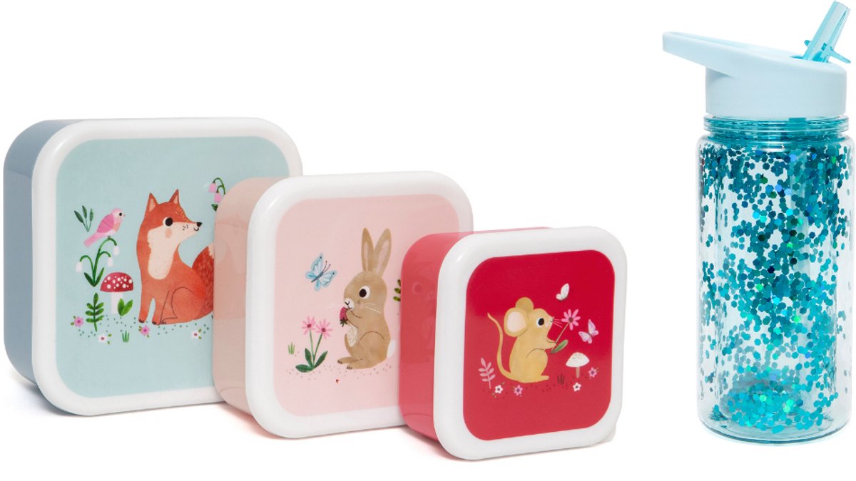 BEAU by Bo Petit Monkey Back to School set - Snackdozen + Drinkfles Woodland/Glitter - Stone Blue/Dusty Aqua