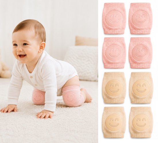 Baby Kruipsokken Smiley met Antislip – 4 Paar – Zachte Kniebescherming voor Baby’s – Roze & Beige – 0-2 Jaar