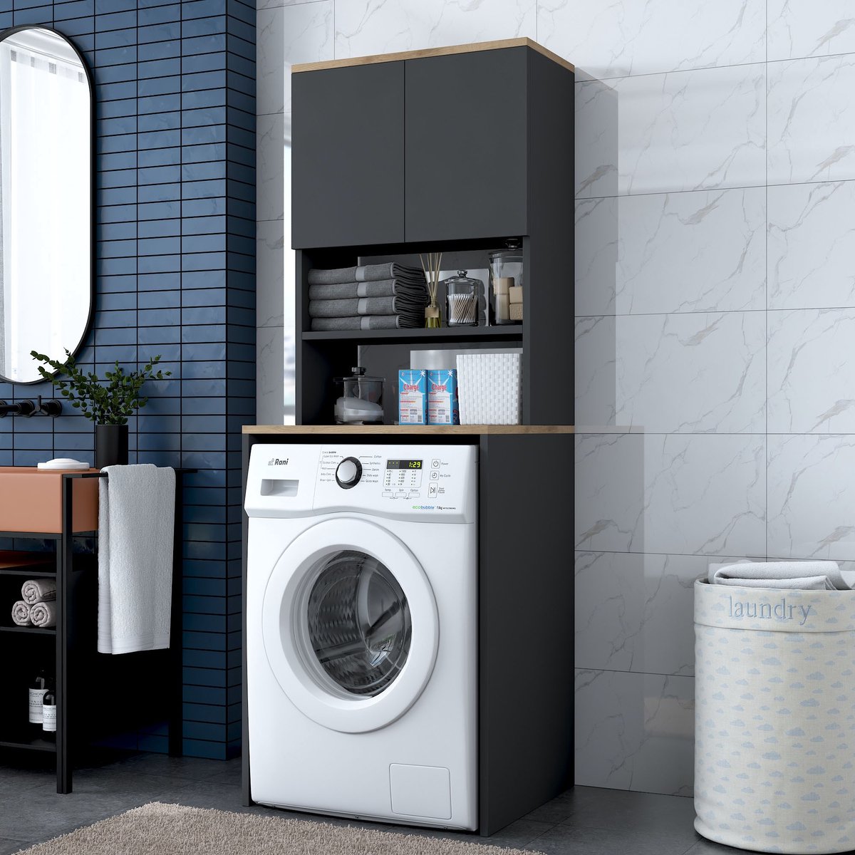 Asir - Wasmachinekast - Walnoot, antraciet - 100% met melamine gecoat spaanplaat - 65 x 183,6 x 60 cm