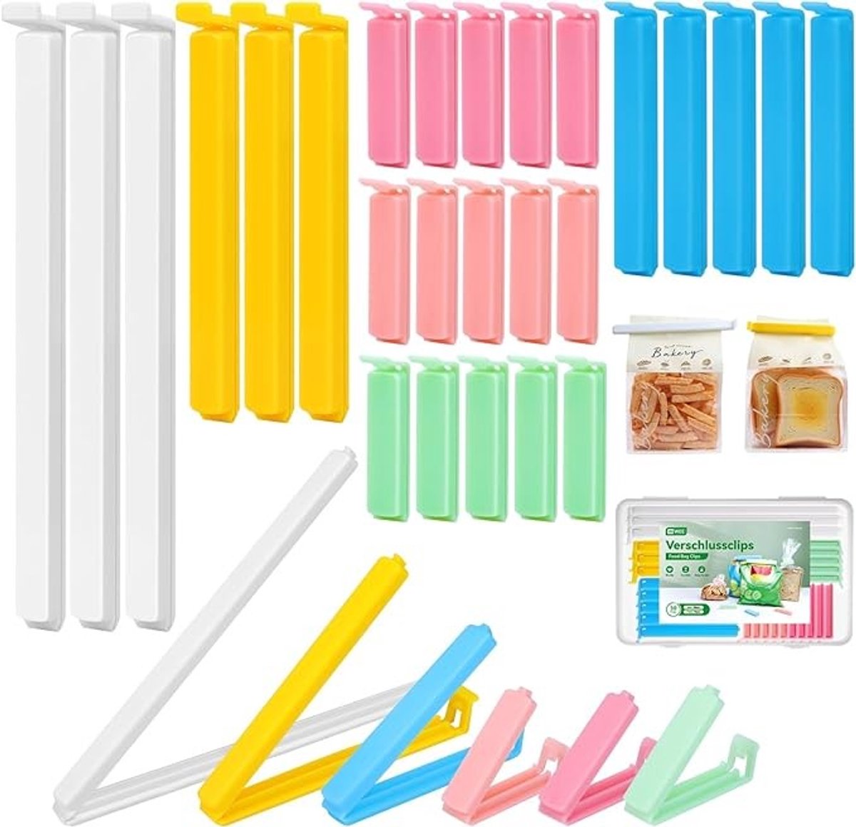 Set van 26 herbruikbare voedselzakclips - 4 formaten, 6 kleuren