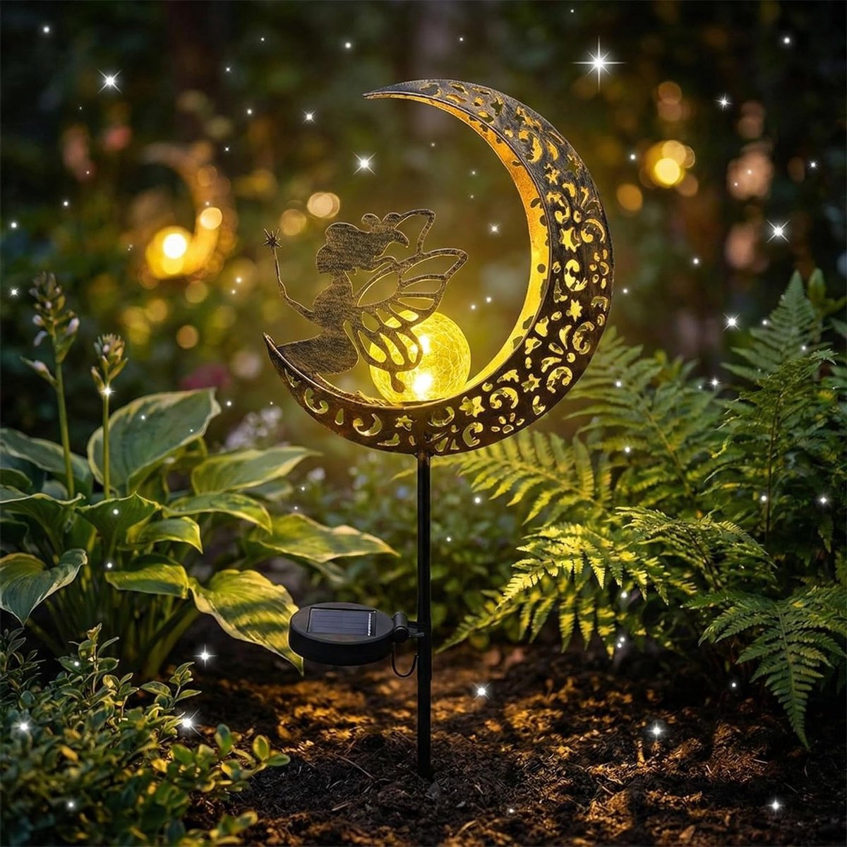Zonlicht Tuinverlichting voor Buiten, Weerbestendige Solar Lamp met Metalen Maan en Glazen Bal, Ideaal voor Terras en Balkon Decoratie