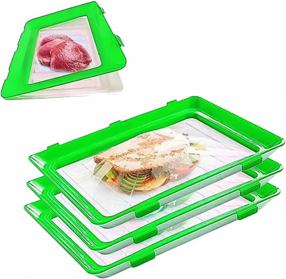 Herbruikbare Bewaartabletten - 3 Stuks, Stapelbare Vacuüm Bewaarboxen voor Vlees, Groenten en Fruit, Ideaal voor Koelkast en Opslag