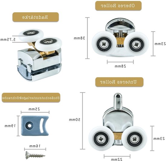 4 stuks 23 mm douchedeurwieltjes - reserveonderdelen - 2 bovenste en 2 onderste wielen voor douchedeuren - douchecabines en glazen deuren (4-6 mm) - verstelbare wieltjes voor gebogen en rechte toepassingen van Merkloos	 — afbeelding 5