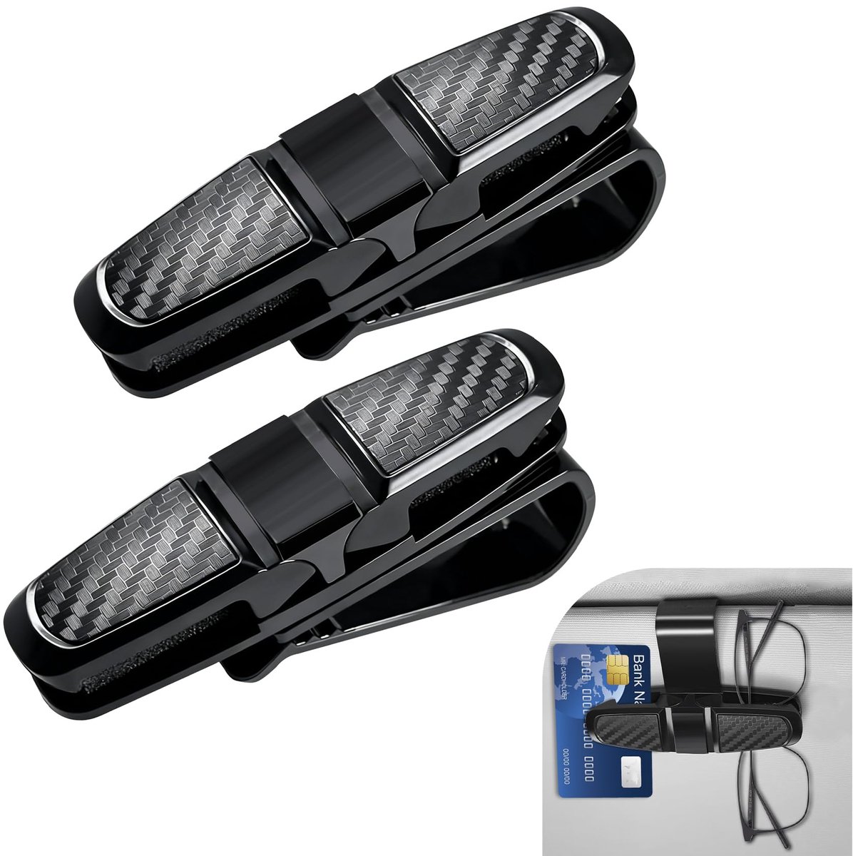 carmdering - Autobrilhouder - Zonneklep Brilclip - Multifunctionele Houder - Bidirectioneel Opslag - 180 Graden Rotatie - ABS Materiaal - Krasbestendig Design - Universele Pasvorm Voor Auto Vrachtwagen SUV - 2 Stuks - Zwart