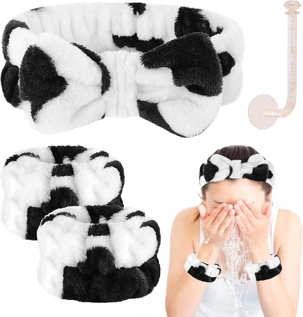Hoofdband en Polsband Set - Spa Set - Gezichtsreiniging - Zachte Microvezel - Set van 3 - Koe Print