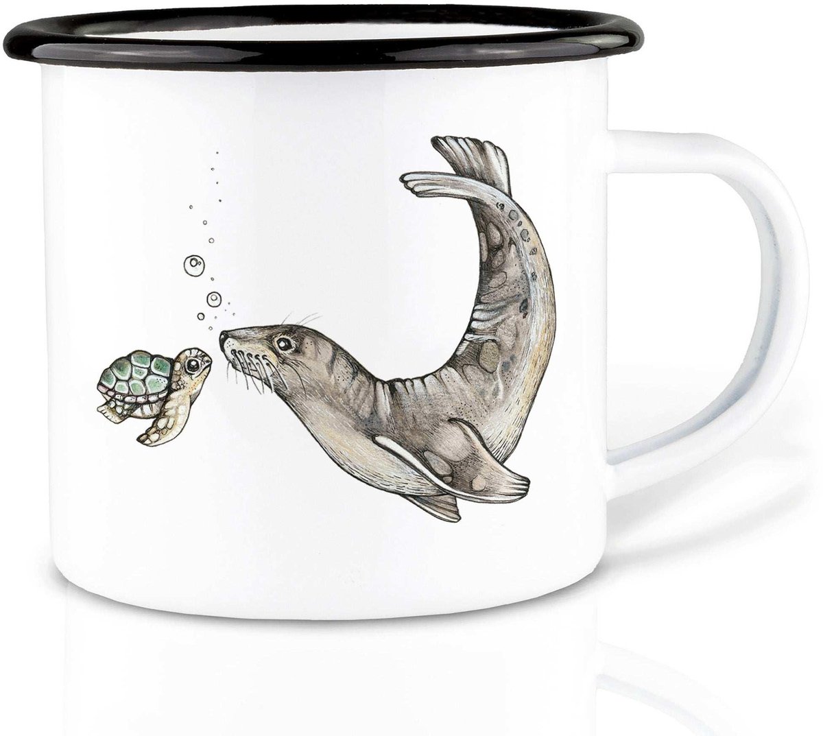 Mok emaille - ocean meeting (zeeleeuw en schildpad) - Ligarti