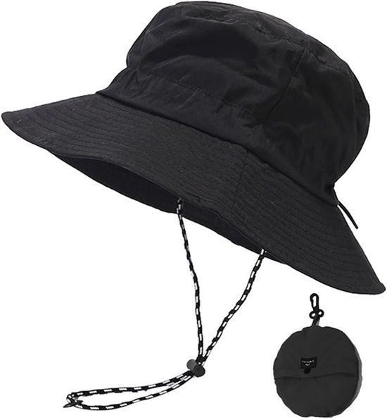 Zwarte bucket hat met brede rand, verstelbaar koord en opvouwbaar tasje.