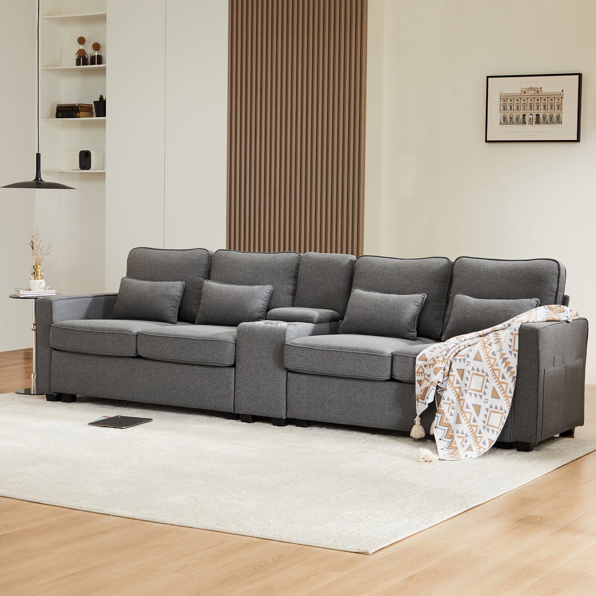 Wishdor 4-Zits Bioscoopbank XXL - Loungebank met Console, Bekerhouders & USB - Linnenlook - Donkergrijs - 290 cm