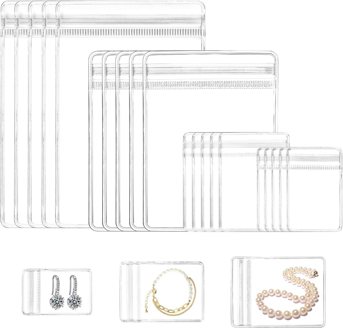Handige tas met drukknoopsluiting voor sieraden, kleine zakjes, ritszakken en hersluitbare zakjes voor sieraden, voedsel en snoep (vier maten)