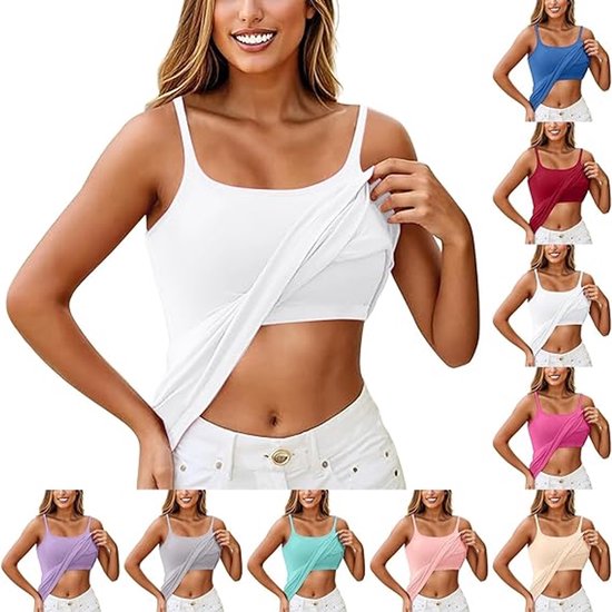 Collage d'un mannequin dans un caraco blanc, entouré de huit autres couleurs : bleu, rouge, blanc, rose, violet, gris, cyan et beige.