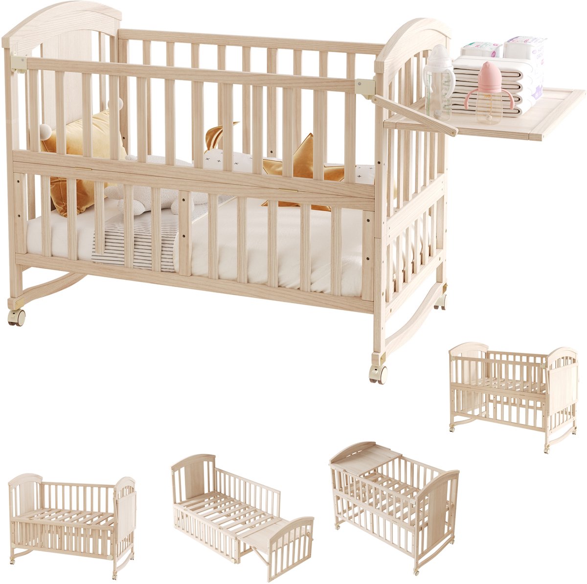 Sweiko Kinderbed - 120 x 60 x 95 cm - Massief houten Ledikant - Met verschoontafel - Inklapbaar opbergrek - Zonder matras - Naturel – foto 7