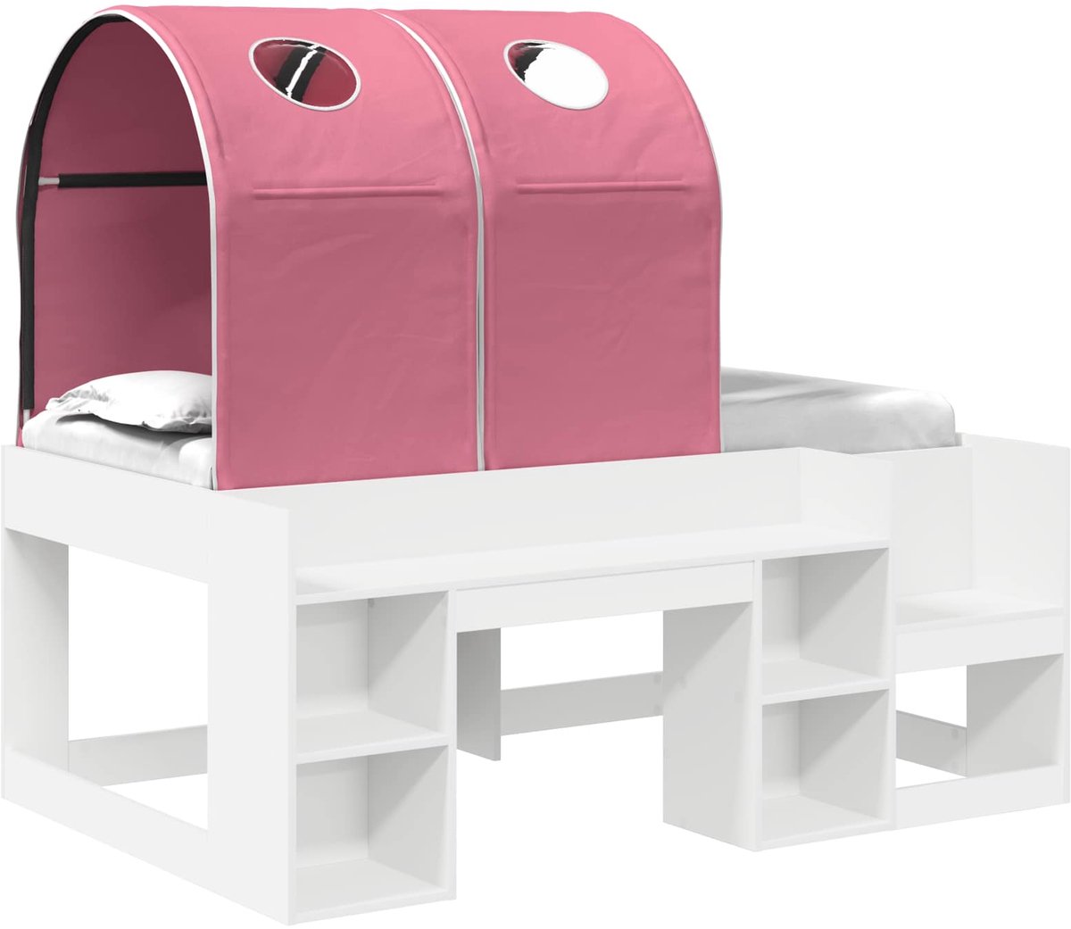 vidaXL Bed - met - Tunnel - met - plank - 3 - st - Wit - en - Roze - Bewerkt - hout Wit en roze