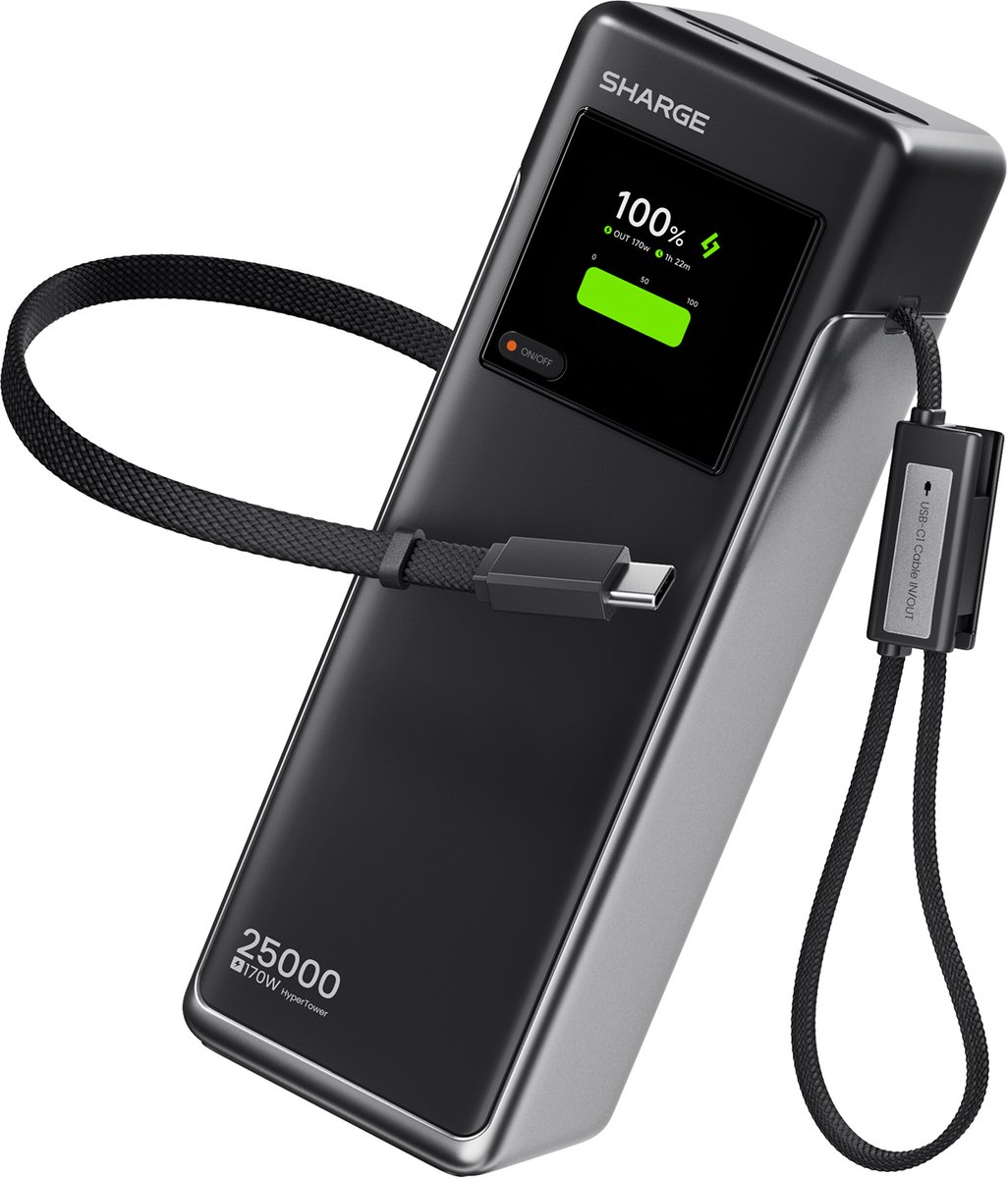 SHARGE HyperTower 170 - Powerbank - 25000mAh - 170W Max - Zwart