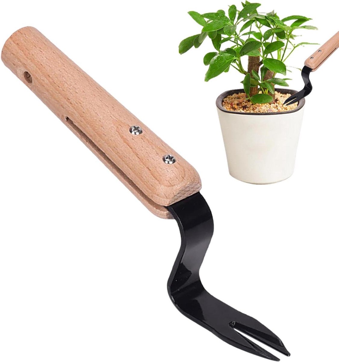 Handtuingereedschap - Onkruidtrekker Vork - Effectief Tuinieren - Ergonomisch Houten Handvat - 20 cm Lengte - Niet Van Toepassing