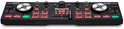Numark DJ2GO2 Touch DJ-controller met twee decks, aanraakgevoelige jogwheels, rode en groene verlichte knoppen en een zwarte behuizing.