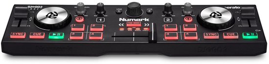 Numark DJ2GO2 Touch DJ-controller met twee decks, aanraakgevoelige jogwheels, rode en groene verlichte knoppen en een zwarte behuizing.
