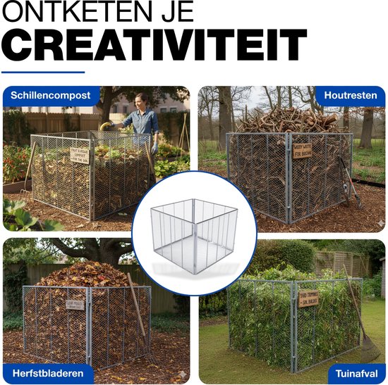 Vier metalen compostbakken, elk gevuld met verschillende materialen: schillen, houtsnippers, herfstbladeren, tuinafval.