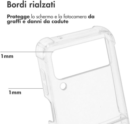 Transparant hoesje met verhoogde randen van 1mm rondom het scherm en de camera's.