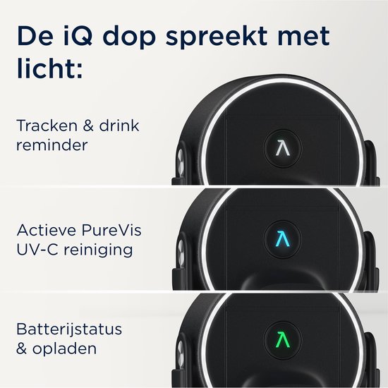 Drie close-ups van de iQ dop met lichtmeldingen: een witte puls, een blauwe puls en een groene puls. Tekst beschrijft de functies.