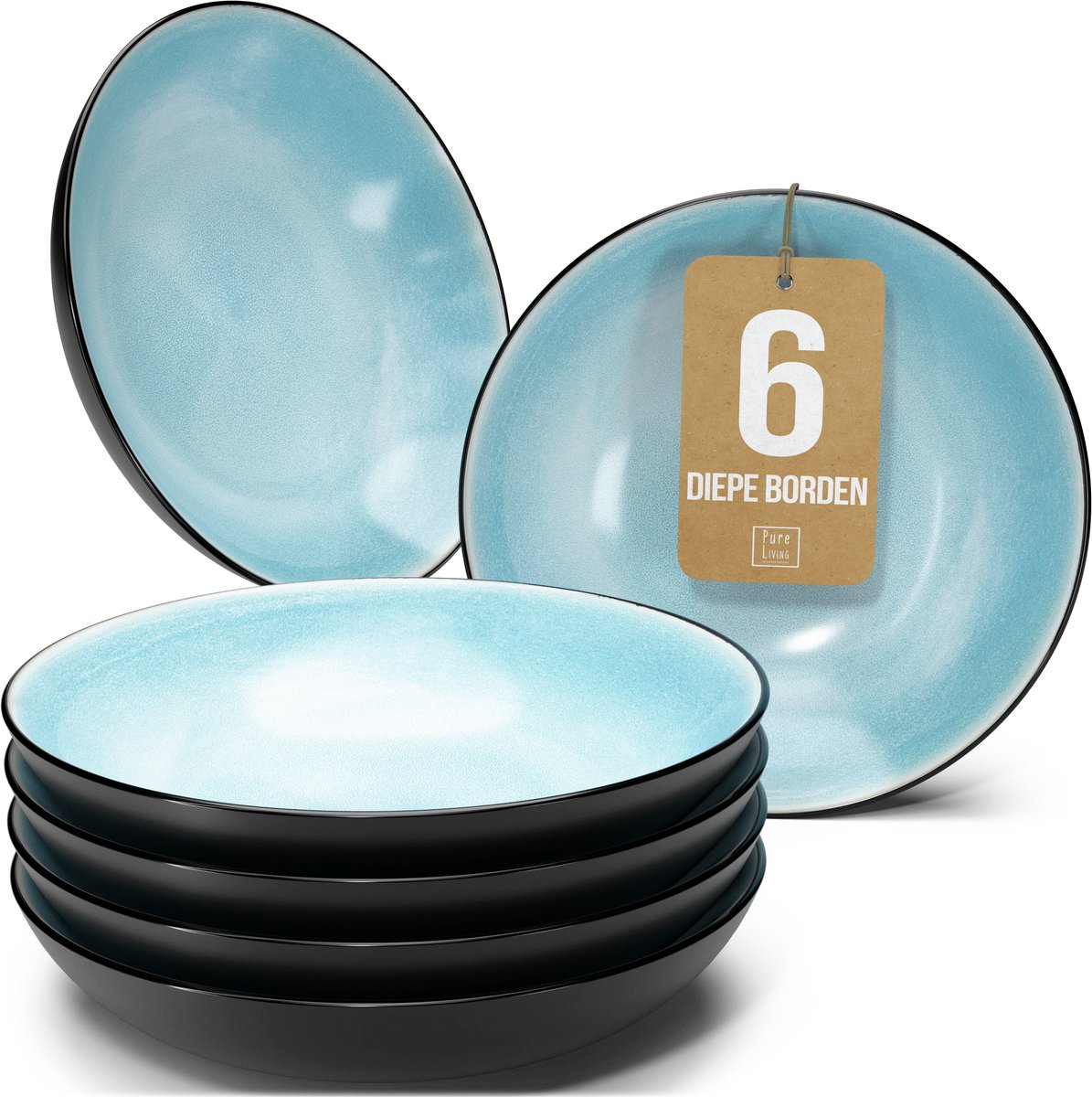 Pure Living Set Van 6 Diepe Borden - Ø 20 cm - Aquamarijn - Aardewerk - Vaatwasserbestendig - Magnetronbestendig - Ibiza Dark