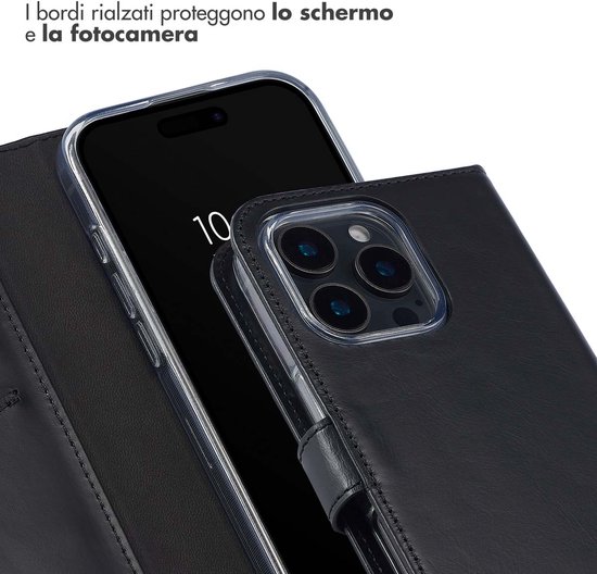 Zwarte lederen telefoonhoes met een transparante rand die het scherm en de camera beschermt.