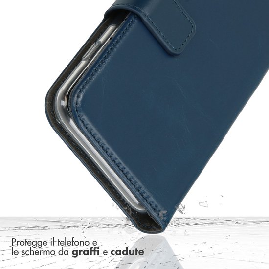 Blauw lederen telefoonhoesje dat een telefoon beschermt tegen vallen.
