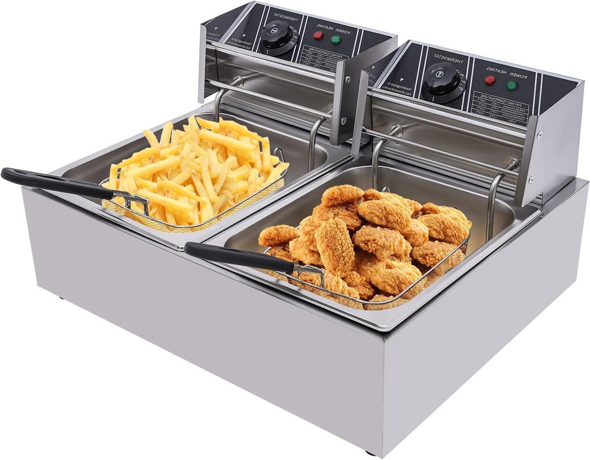 Dubbele Frituurpan - Friteuse Oliebad - Lekker Frituren - Dubbele Verwarmingselementen - 12 Liter - Zilver