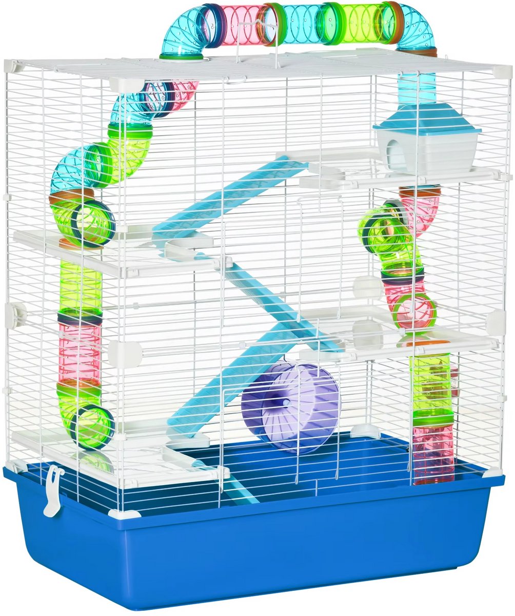 JOYNEXTBUY - Hamsterkooi met tunnel - Platformen - Drinkbank - Huis - Hellingen - Loopwiel - 59cm x 36cm x 69cm - Blauw