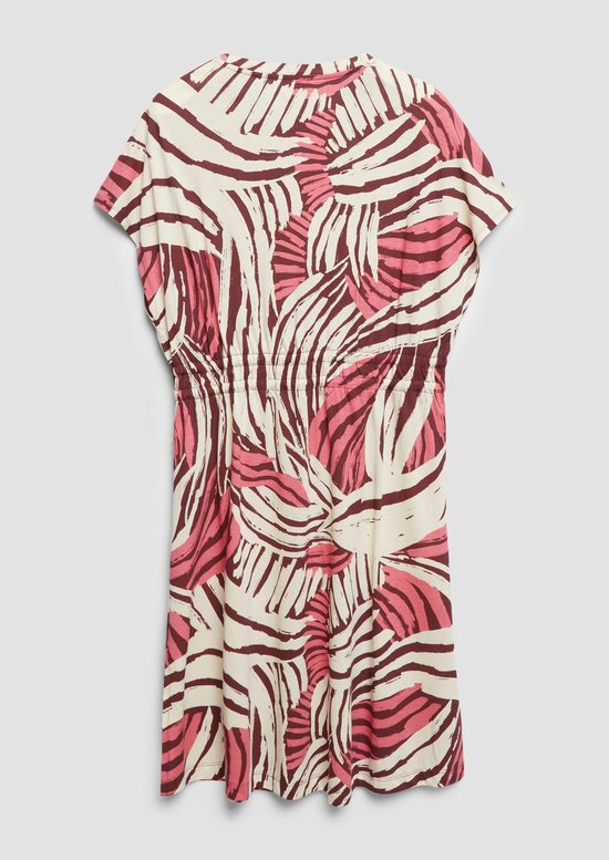 Damesjurk met wijde mouwen, ceintuur in de taille en een abstracte print in bruin, roze en off-white.
