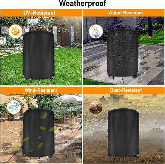 Vier weergaven van een zwarte grillhoes: uv-, water-, wind- en stofbestendig in een tuin.